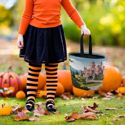 Halloween Trick Or Treat Bags With Handles Collapsible Candy Bucket Reusable Fairy Tale Castle Printed Goody Bucket For Holiday Party Gifts - color: Fairy Tale Castle