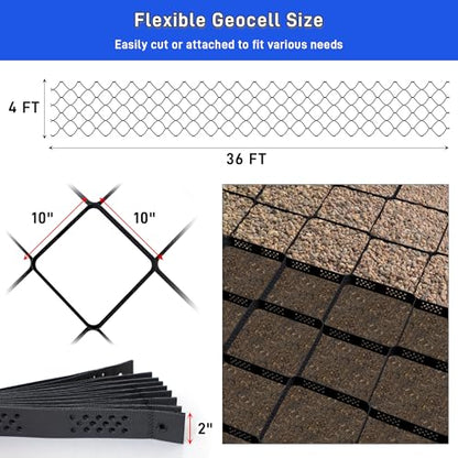 2" Depth Ground Grid for Gravel, 36x4 FT Geo Gravel Grid Driveway 1885 lbs per Sq Ft Load with Connection Buckles, Geo Cell Permeable Stabilization System for Driveways Walkway Slope Pathway & Garden