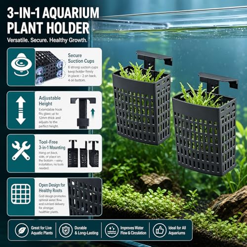 2Pcs– Aquarium Plant Holder, Fish Tank Plant Stand, 3-in-1 Mounting, Adjustable Height, Extendable Hook, with 2 Side and 4 Bottom Suction Cups (Black)