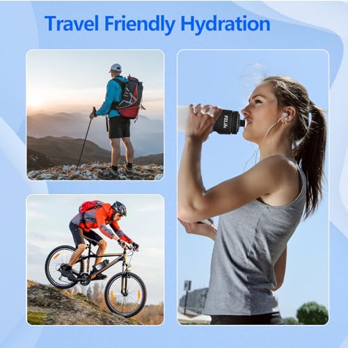 24oz Bike Water Bottle, Cycling Squeeze Water Bottle Leak Proof BPA Free | with Capacity Scale w/Pull Top Lid, Reusable, for Bicycle,Gym, School - color: Black