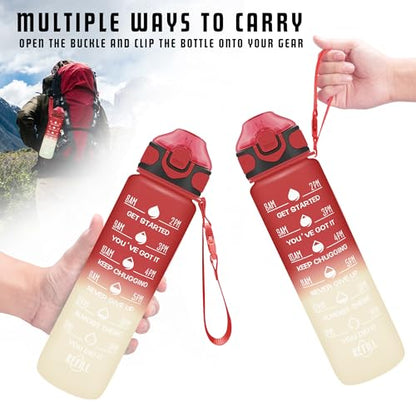Enerbone 32 oz Drinking Water Bottle with Times to Drink and Straw, Motivational with Carrying Strap, Leakproof BPA & Toxic Free, Ensure You Drink Enough Water for Fitness Gym Outdoor - color: Cherry Cream