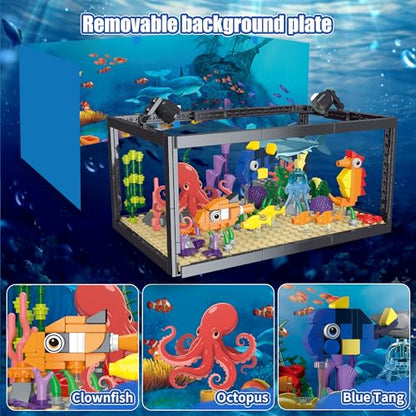 AKWME 8 in 1 Fish Tank Building Sets, Marine Aquarium Building Block with LED Light Party Favors 9 Model Toy Including Octopus Crab, Christmas Birthday Gifts for Boys Girls Kids Ages 6 8 10 12+