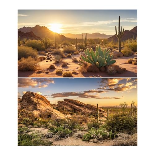 2 Packs Desert Mountain Reptile Tank Background Sunset Desert Gobi Cacti Sand Dunes Aquarium Background Saguaro Sandstone Rock Mountain Range Scenery Aquarium Reptile Enclosure Backgrounds 36x18in