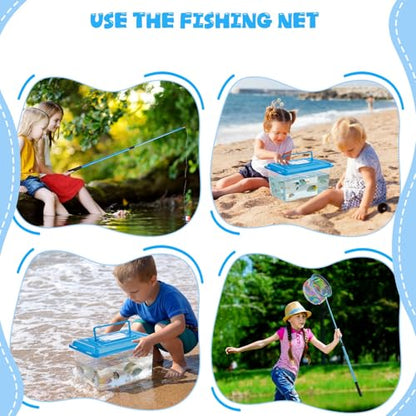 2-in-1 Set Telescopic Fishing Net and Beach Fish Tank, 30" to 48" Extendable Lightweight Aluminum Pole with Non-Slip Handle for Catching Observing Release, Outdoor Exploration Kit