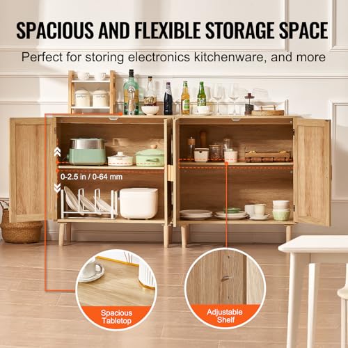 VEVOR Rattan Buffet Cabinet with Storage, 4 Magnetic Doors and Adjustable Shelves, Sideboard for Hallway, Living Room, Kitchen, Natural