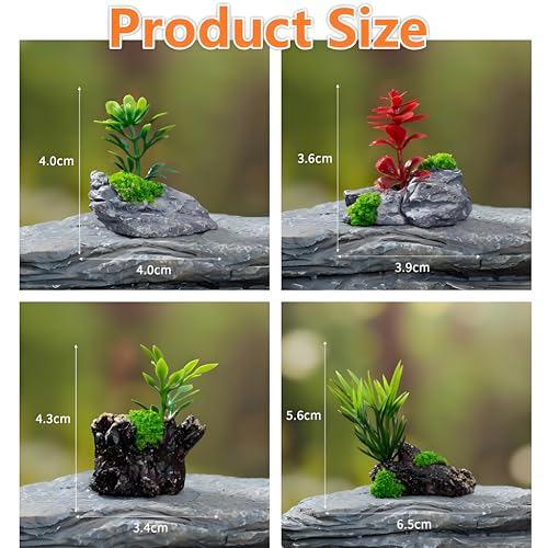 4Pcs Miniature Artificial Stone Rocks and Trees with Plants – Decorative Landscape Ornaments for Fairy Garden Accessories, Aquarium Decorations, Glass Dome Displays, DIY Craft Projects, Tabletop Décor