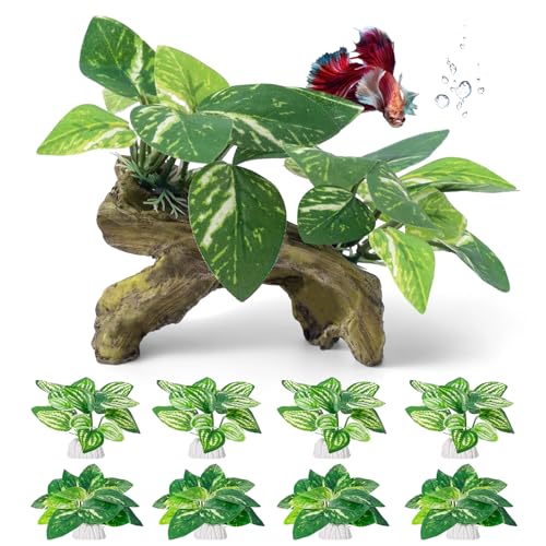 9 Pcs Fish Tank Decor，Silk Aquarium Plants Green Silk Leaf pad Hammock Artifical Driftwood cave Betta Fish Tank Accessories 6 x 3 x 4 inches(LxWxH) - size: 9 Pcs Silk Aquarium Plants（Style B）