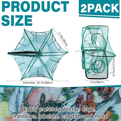 2 Pcs Foldable Fishing Trap Collapsible Hexagon 6 Hole Fishing Bait Trap Portable Minnow Crayfish Crab Crawdad Shrimp Net Cage Accessories(Green)