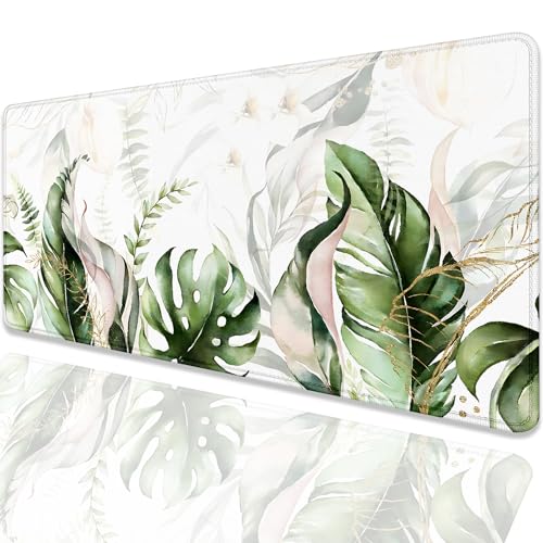 Green Tropical Leaves Mouse Pad Desk Pad,Green Sage Plant Extended Gaming Mouse Mat with Stitched Edges Non-Slip Waterproof Rubber Base Mous Mat for Office Home Game Desk Pad(27.5X11.8 in)
