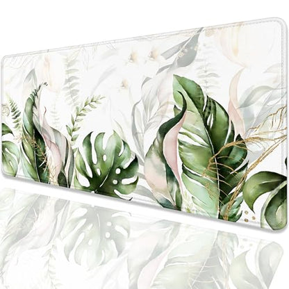 Green Tropical Leaves Mouse Pad Desk Pad,Green Sage Plant Extended Gaming Mouse Mat with Stitched Edges Non-Slip Waterproof Rubber Base Mous Mat for Office Home Game Desk Pad(27.5X11.8 in)