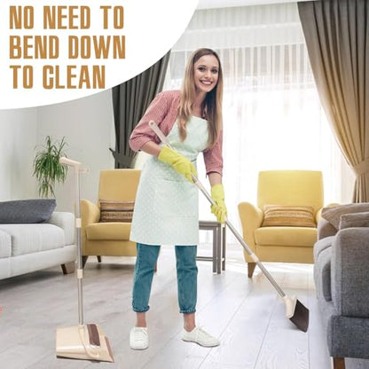 Broom and Dustpan Set with Long Handle, Light Weight Stainless Steel Poles Stand Upright Dustpans with Broom Combo for Home Kitchen Office Pet Dog Hair, Brown & Beige Color, 1-Pack - color: Beige