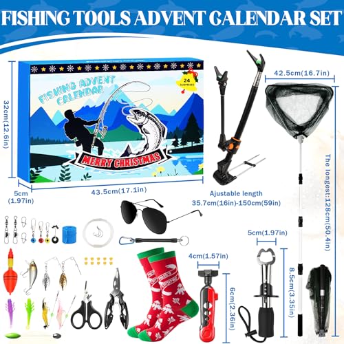 SUNNINO Fishing Advent Calendar 2025, 24 Days Christmas Fishing Lure Advent Calendar with Tool Kit, Fish Net Rod Holder, Xmas Surprise Gifts for Adult Men Father Husband Boyfriend
