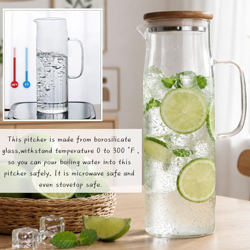 Glass Pitcher with Lid Glass Water Carafe with Handle, Fridge Water Jug Cold or Hot Beverages, Iced Tea, Milk, Juice 1500ml/51oz & - color: Brown-pitcher