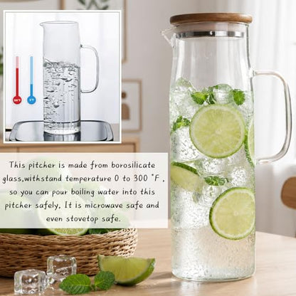 Glass Pitcher with Lid Glass Water Carafe with Handle, Fridge Water Jug Cold or Hot Beverages, Iced Tea, Milk, Juice 1500ml/51oz & - color: Brown-pitcher