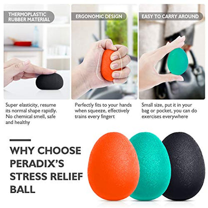 Peradix Hand Grip Strength Trainer, Stress Relief Ball, Wrist Rehab Therapy Hand Grip Equipment Ball Squishy Tools - Set of 3 Finger Resistance Exercise Squeezer