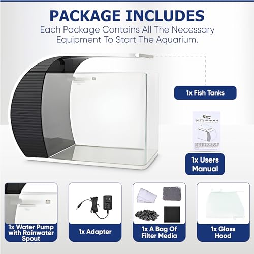 5 Gallon Fish Tank - Arc-Shaped Glass Tank w/LED Lights - Fish Tank Kit w/Filter, Water Pump, Bag of Filter Media & More - Beautiful Aquarium Set for Office & Home - Easy Assembly Starter Kit