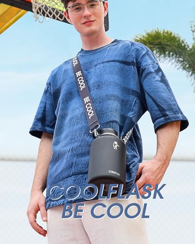 Coolflask Half Gallon Water Bottle Insulated Stainless Steel with Strap - color: Magic Black, size: 64 Ounces