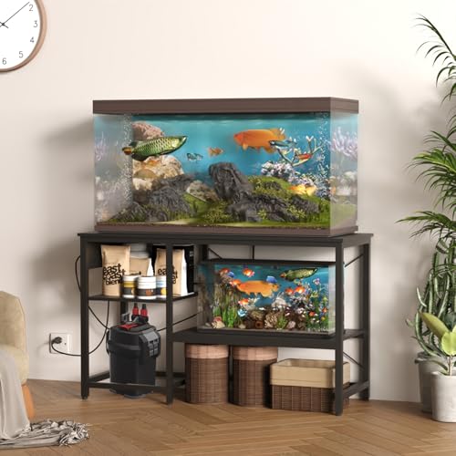 55-75 Gallon Fish Tank Stand with Power Outlet & LED Light, Metal Aquarium Stand with 3 Tier Adjustable Storage Shelves, for Reptile & Turtle Tank, 52" L*19.5" W, Black