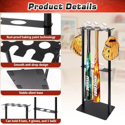 Baseball Bat Holder Stand, Free Standing Bat Rack Holds 8 Bats & 5 Balls | Sturdy metal rack, free standing design, holds 8 bats and 5 balls, 4 glove hooks, no drill storage for home and dugout