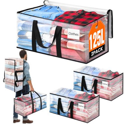 BlissTotes 2-Pack Large Moving Bags with Backpack Straps & Strong Zippers, Heavy-Duty Storage Bags Moving Boxes for Space Saving, Dorms, Transport, 125L-30 Gallons, Clear - size: 30 Gallons