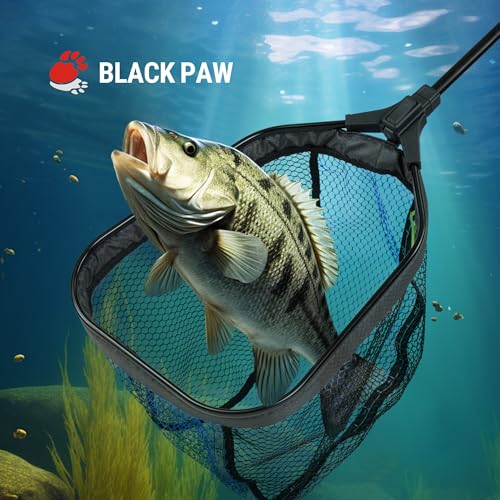 Black Paw Floating Fly Fishing Net, Telescopic Rubber Fishing Net for Trout, Foldable Extendable Fish-Friendly Design for Safe Catch and Release