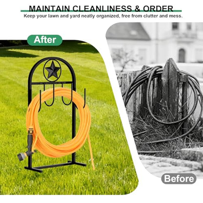 Garden Hose Holder - Upgraded Sturdy Hose Pentagram Holder, Freestanding Heavy-Duty Hose Reel, Sturdy Water Hose Holder and Hose Storage for Outside, Lawns and Yards,Black - style: Star