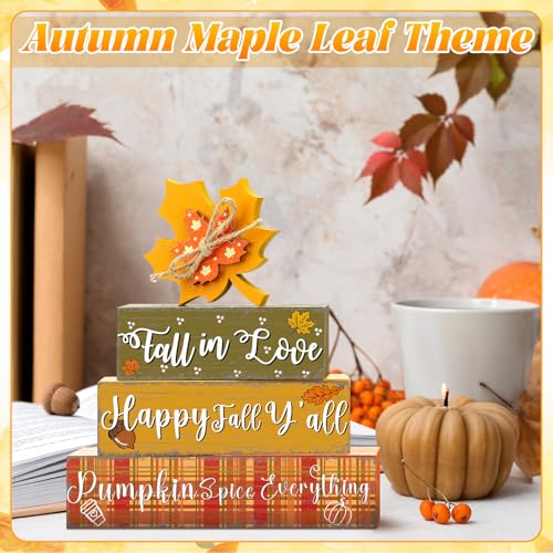4 Pcs Thanksgiving Decorations Fall Wooden Sign Maple Leaves Thanksgiving Pumpkin Table Centerpiece Tiered Tray Decor Fall Wood Blocks Tiered Tray Decor Table Top Sign for Home - style: Maple Leaves