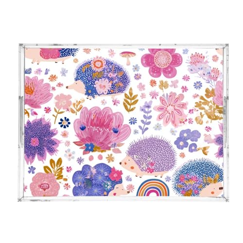 Acrylic Tray Clear Serving Vanity Ottoman Bathroom Coffee Table Countertop Organizer Raised Edge Spill Proof Hedgehog and Floral Pink - color: Hedgehog and Floral Pink