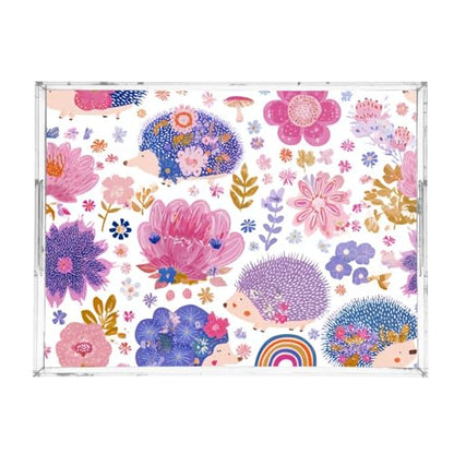 Acrylic Tray Clear Serving Vanity Ottoman Bathroom Coffee Table Countertop Organizer Raised Edge Spill Proof Hedgehog and Floral Pink - color: Hedgehog and Floral Pink