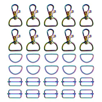 WAFJAMF 30Pcs Purse Hardware Swivel Snap Hooks D Rings Slide Buckles 3/4 In | Heavy duty metal clasps set for handbag making, DIY craft, strap, backpack, lanyard keychain & handbag fasteners, rainbow - color: Rainbow, size: 3/4” Inside Width