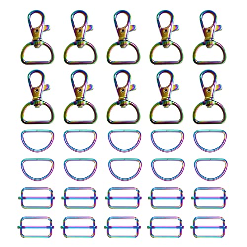 WAFJAMF 30Pcs Purse Hardware Swivel Snap Hooks D Rings Slide Buckles 3/4 In | Heavy duty metal clasps set for handbag making, DIY craft, strap, backpack, lanyard keychain & handbag fasteners, rainbow - color: Rainbow, size: 3/4” Inside Width