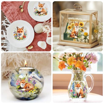 Peacoblue 18 Sheets Rub on Transfers for Crafts, Fox Wildflowers 3.6"x3.9" UV DTF Cup Wraps Waterproof Rub on Cold Transfers Stickers for Wood Glass Metal Cup Tumblers Mirrors Mugs Home Decor - style: Fox Wildflowers