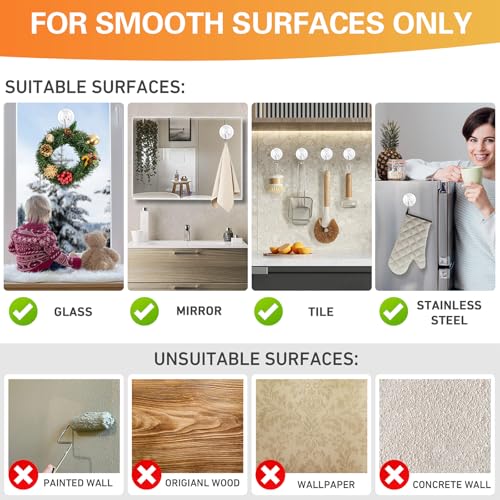Suction Cup Hooks 16Pack - Max Load 10LB, 1.77Inch Clear Medium Suction Cups, No Trace, Reusable & Removable, Stainless Steel Hooks, for Tile, Glass, Window, Shower, Kitchen, Bathroom - size: 16pc-Medium Size