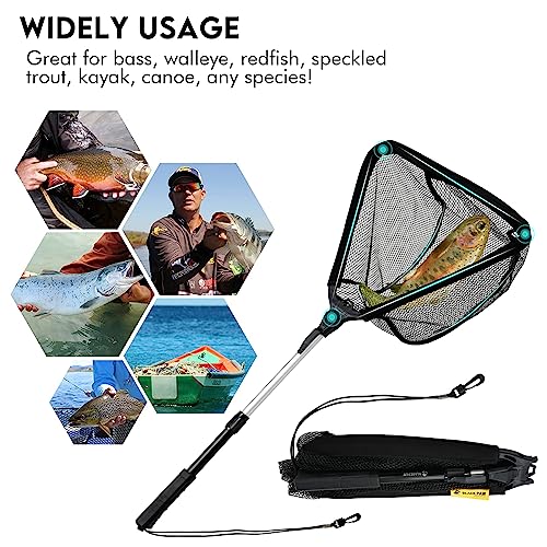 Black Paw Floating Fishing Net Foldable Telescopic Fish Landing Net with Built in Length Scale Rubber Coated for Kayak, Fly, Trout