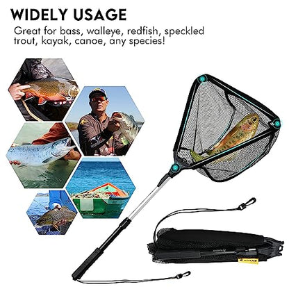 Black Paw Floating Fishing Net Foldable Telescopic Fish Landing Net with Built in Length Scale Rubber Coated for Kayak, Fly, Trout