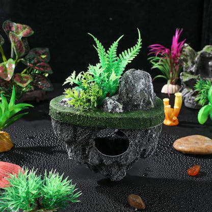 VICASKY Floating Aquarium Decoration Realistic Rock Fish Tank Ornament Hideout Shelter for Fish with Durable Moss Island Design 6.29X4.72X3.14In