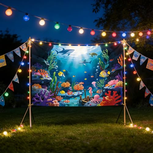 7x5Ft Under The Sea Backdrop Polyester Ocean Backdrop Under The Sea Themed Party Decorations Tropical Fish Dolphin Turtle Coral Deep Sea Sunlight Photo Booth Banner with Ribbon