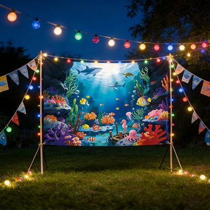 7x5Ft Under The Sea Backdrop Polyester Ocean Backdrop Under The Sea Themed Party Decorations Tropical Fish Dolphin Turtle Coral Deep Sea Sunlight Photo Booth Banner with Ribbon