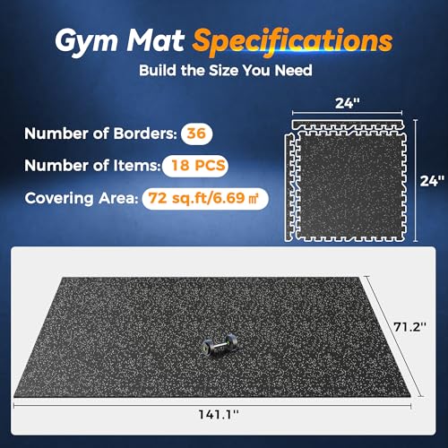 SUPERJARE 1" Extra-Thick Rubber Top Exercise Mat, Gym Flooring for Home Gym | Puzzle Gym Mat for Workout Equipment, Interlocking Floor Tiles with EVA Foam, 18 Pcs 72 Sq Ft, Black/Grey - size: 18 Tiles (72 Sq Ft)