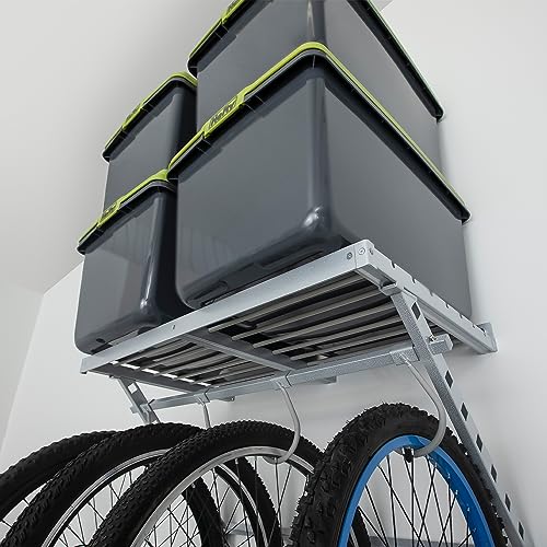 220862 32 Inch Wide Wall Mounted Utility Storage Organization Rack with 4 Bike Hooks and 20 Inch Deep Top Shelf, White