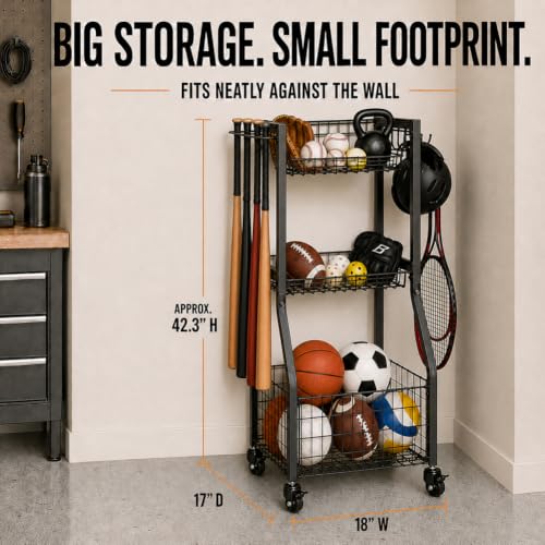 YueTong Rolling Sports Equipment Organizer with Locking Wheels and Ball Rack - color: Black – Locking Wheels