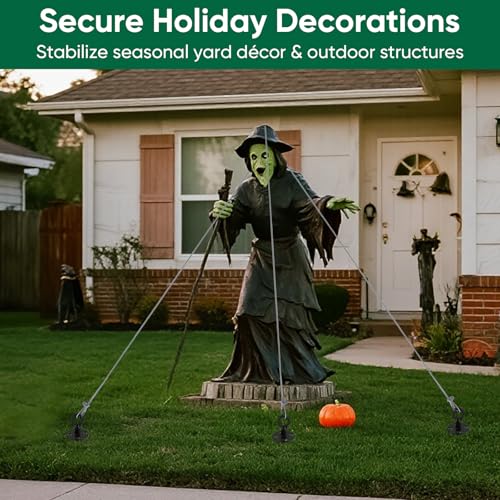 Garden Stakes 18" Heavy Duty Tree Stakes Ground Anchors with Straps & Steel Cable - Screw in Spiral Earth Anchors for Plant Support, Shed, Trampoline, Swing Set - Secure Against High Winds (6)
