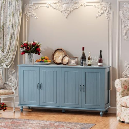 Buffet Cabinet with Storage, 62'' Coffee Bar in Kitchen, Buffet with 4 Doors,Sideboard Buffet Cabinet for Dinning Room, Kitchen & Living Room (4 Doors, Blue)
