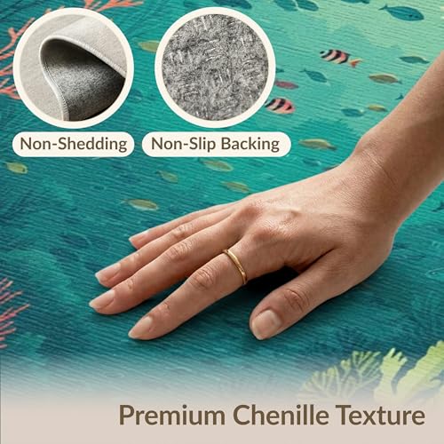 5'x7' Washable Beachy Fish Area Rug, Teal Non-Shedding Pet Friendly Carpet Easy Care Kids Safe Mat for Small Living Room, Playroom, Bedroom | Ref:2139107