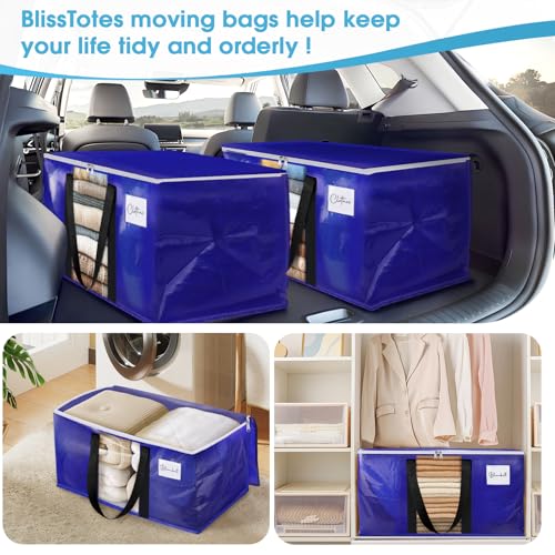 BlissTotes 4 Pack Moving Bags with Clear Window, Storage Bags with Strong Carrying Handles & Zippers,Large Packing Bags for Saving Space, Alternative to Moving Boxes(Blue,20 Gallon)
