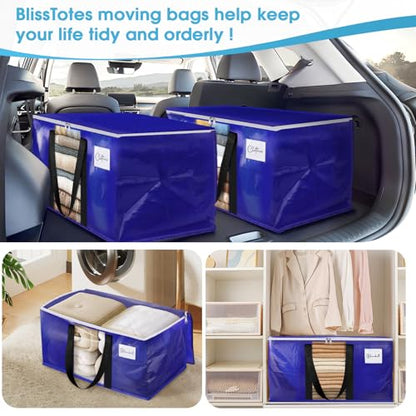 BlissTotes 4 Pack Moving Bags with Clear Window, Storage Bags with Strong Carrying Handles & Zippers,Large Packing Bags for Saving Space, Alternative to Moving Boxes(Blue,20 Gallon)