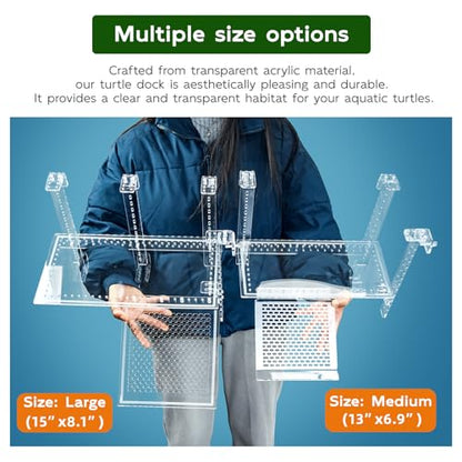 Hanging Turtle Dock Turtle Tank Accessories Adjustable, Large Basking Platform with Freely Installable Climbing Ramps for Aquatic Turtles Sturdy, Wobble-Free Design in Acrylic Material 13'' - size: 13 x 6.9 Inch