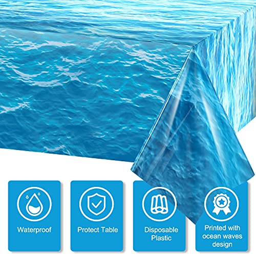2 Pieces Ocean Waves Plastic Tablecloth 54 x 108 Inch Ocean Table Cover Water Print Table Cover Sea Tablecloth Blue for Beach Pool Birthday Party Decoration Shower Supplies - size: 54 x 108 Inch (Rectangular)