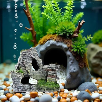 Resin Aquarium Mountain Decor with Moss Rock Cave - Multi-Level Terrain for Fish Tank Landscaping, Natural-Looking Rockery Design with Hidden Cave and Crevices for Shrimp, Reptile Habitat