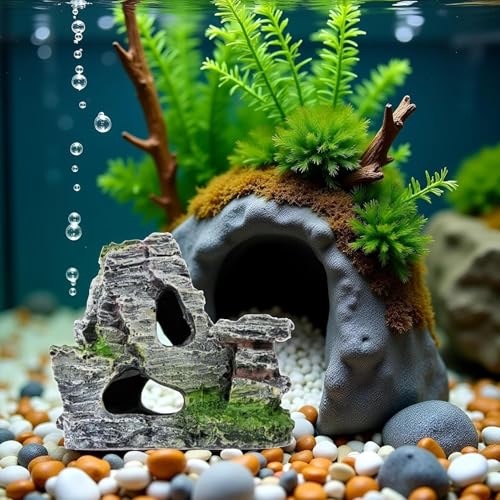 Resin Aquarium Mountain Decor with Moss Rock Cave - Multi-Level Terrain for Fish Tank Landscaping, Natural-Looking Rockery Design with Hidden Cave and Crevices for Shrimp,Reptile Habitat Aquascaping